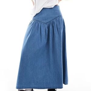 Wednesday Girl Chambray Blue Midi Skirt With Gathers. Size XL